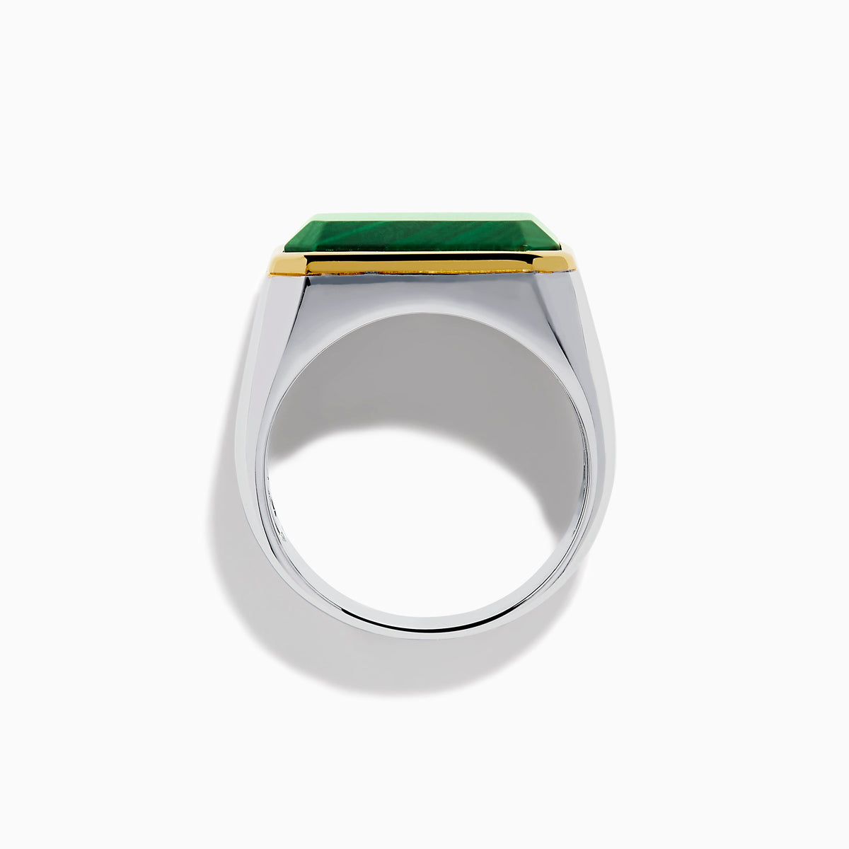 The Men's 925 Sterling Silver Malachite Signet Ring features a rectangular green malachite stone with gold trim and a sterling silver band, displayed front-facing on a white background—a bold yet classic accessory.