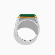 The Men's 925 Sterling Silver Malachite Signet Ring features a rectangular green malachite stone with gold trim and a sterling silver band, displayed front-facing on a white background—a bold yet classic accessory.