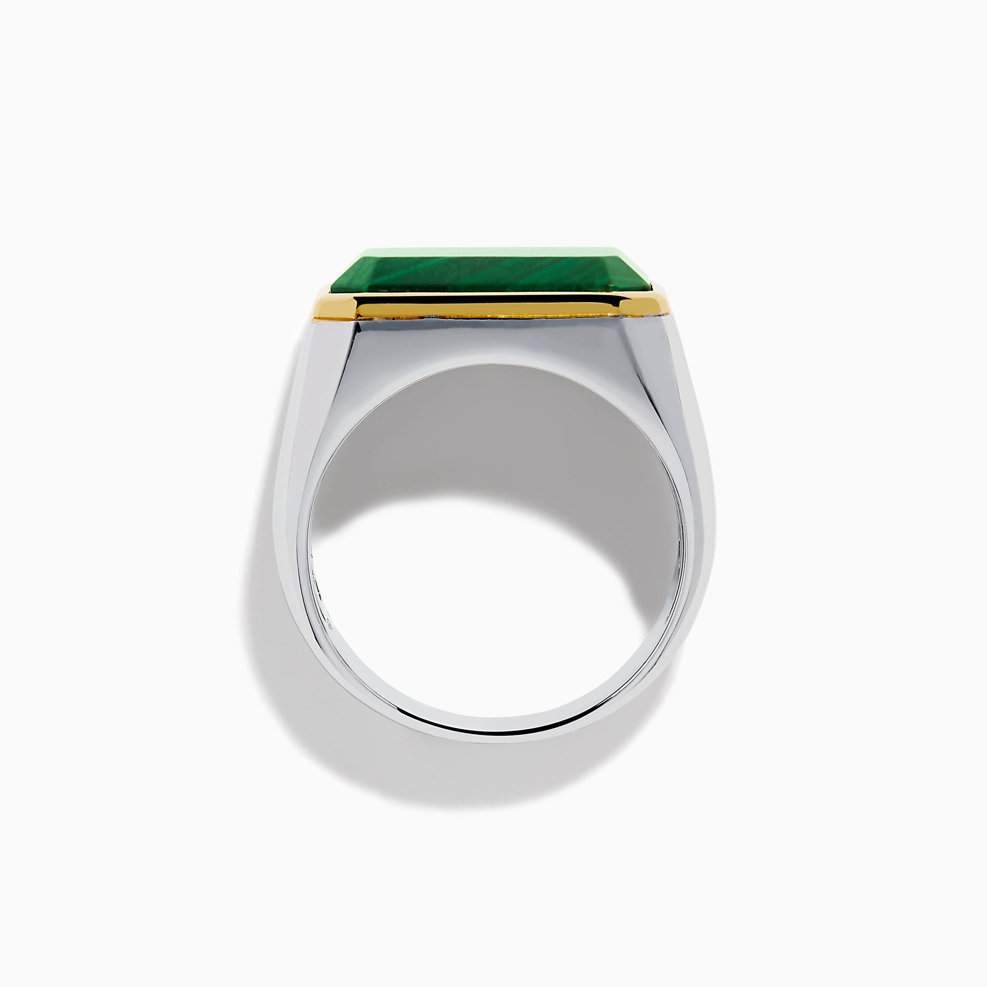 The Men's 925 Sterling Silver Malachite Signet Ring features a rectangular green malachite stone with gold trim and a sterling silver band, displayed front-facing on a white background—a bold yet classic accessory.