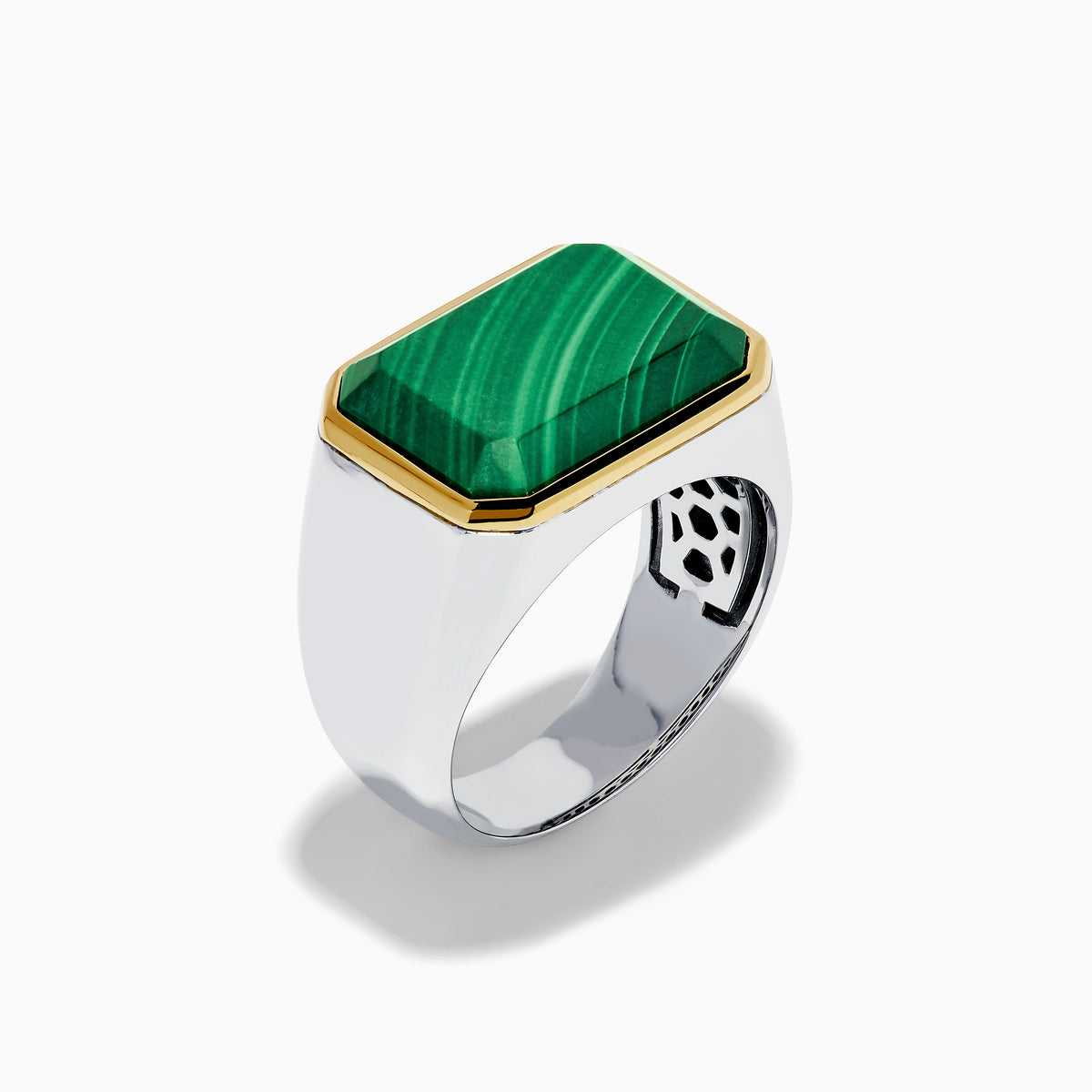 The Men's 925 Sterling Silver Malachite Signet Ring features a rectangular green malachite stone with gold trim and a sterling silver band, displayed front-facing on a white background—a bold yet classic accessory.