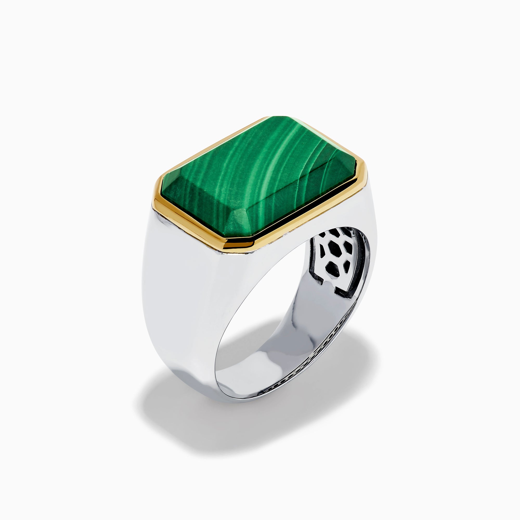 The Men's 925 Sterling Silver Malachite Signet Ring features a rectangular green malachite stone with gold trim and a sterling silver band, displayed front-facing on a white background—a bold yet classic accessory.