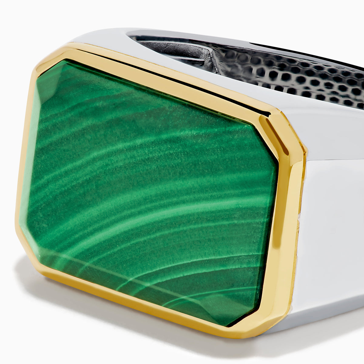 The Men's 925 Sterling Silver Malachite Signet Ring features a rectangular green malachite stone with gold trim and a sterling silver band, displayed front-facing on a white background—a bold yet classic accessory.
