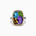 The Mosaic 925 Sterling Silver & 18K Gold Multi Color Ring features a ribbed band, a rectangular gold bezel, and four large faceted gemstones in blue, green, purple, and amber.