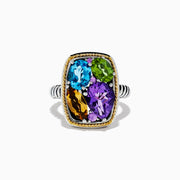 The Mosaic 925 Sterling Silver & 18K Gold Multi Color Ring features a ribbed band, a rectangular gold bezel, and four large faceted gemstones in blue, green, purple, and amber.