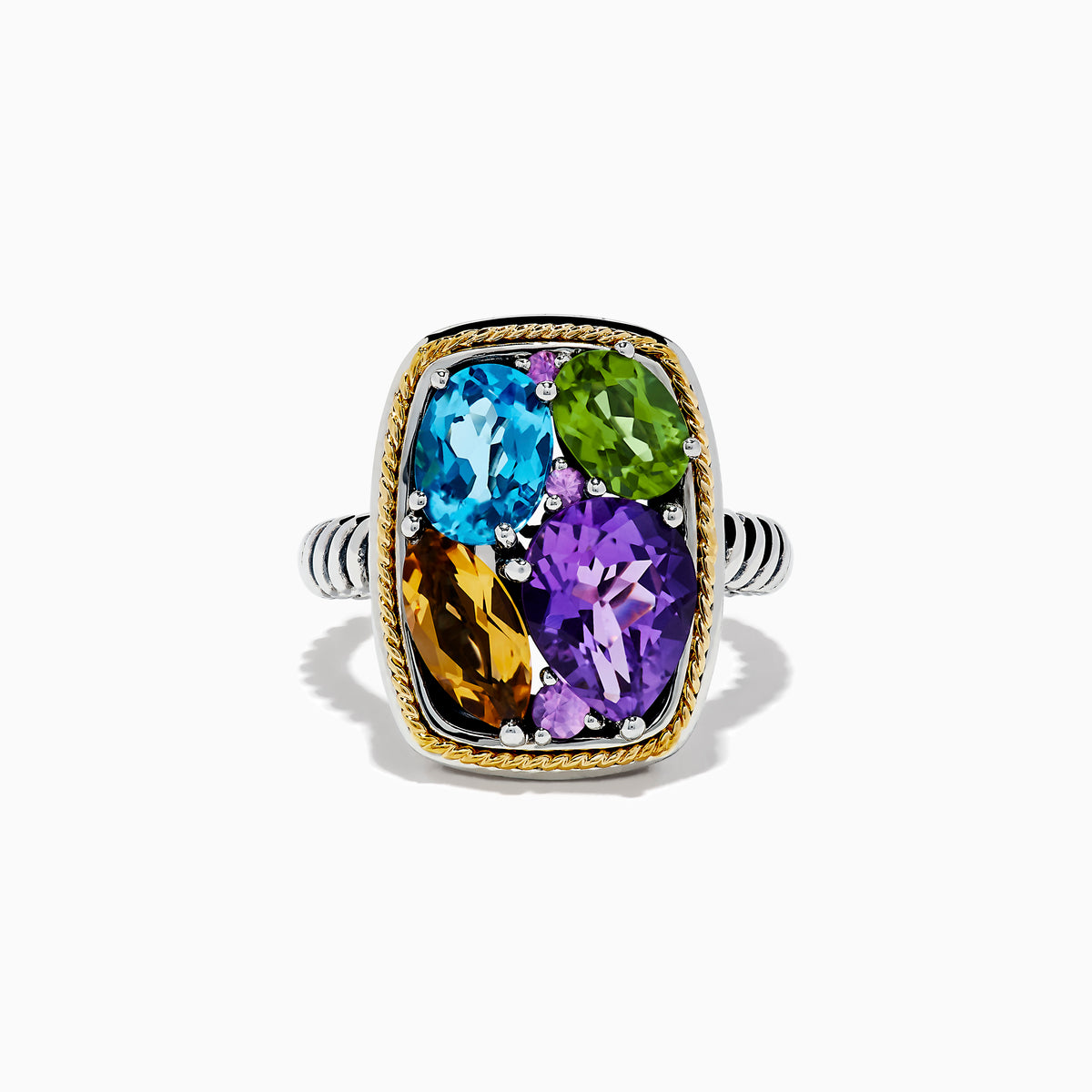 The Mosaic 925 Sterling Silver & 18K Gold Multi Color Ring features a ribbed band, a rectangular gold bezel, and four large faceted gemstones in blue, green, purple, and amber.