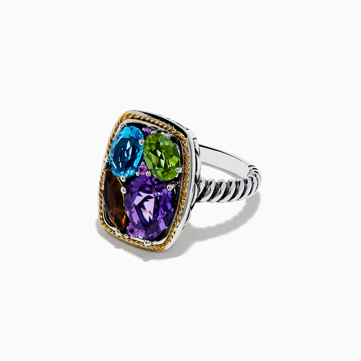 The Mosaic 925 Sterling Silver & 18K Gold Multi Color Ring features a ribbed band, a rectangular gold bezel, and four large faceted gemstones in blue, green, purple, and amber.