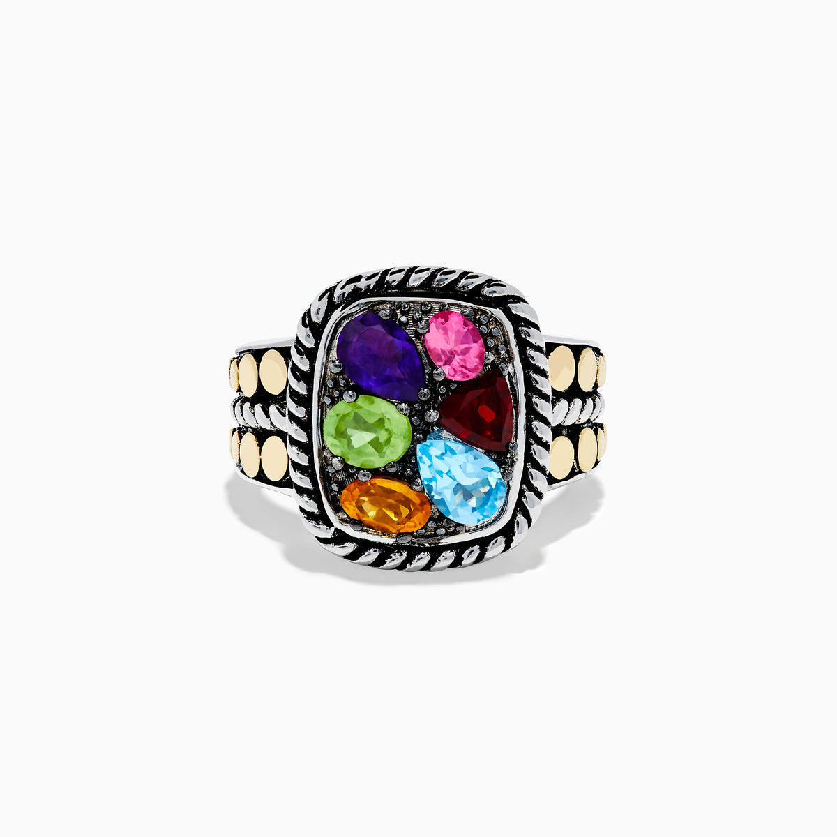 The Mosaic 925 Sterling Silver and 18K Yellow Gold Multi Color Ring features a rectangular face with five colorful gemstones, a textured rope border, and gold-toned circle accents for a bold, striking design.