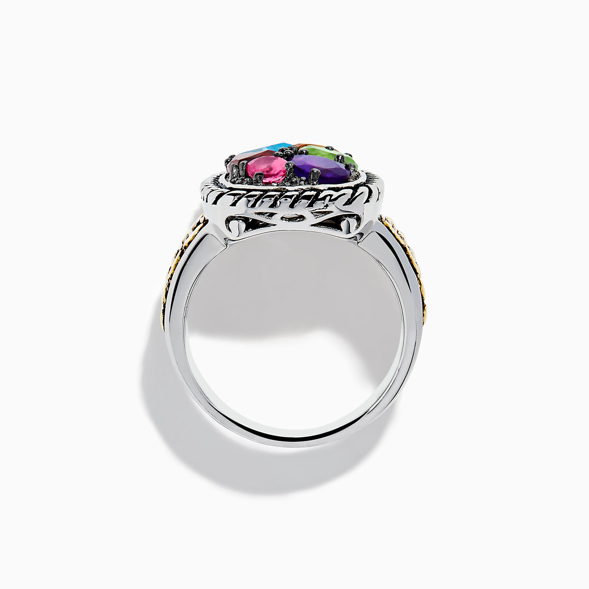 The Mosaic 925 Sterling Silver and 18K Yellow Gold Multi Color Ring features a rectangular face with five colorful gemstones, a textured rope border, and gold-toned circle accents for a bold, striking design.