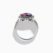 The Mosaic 925 Sterling Silver and 18K Yellow Gold Multi Color Ring features a rectangular face with five colorful gemstones, a textured rope border, and gold-toned circle accents for a bold, striking design.