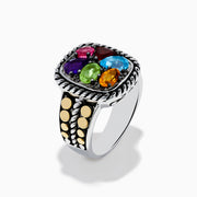 The Mosaic 925 Sterling Silver and 18K Yellow Gold Multi Color Ring features a rectangular face with five colorful gemstones, a textured rope border, and gold-toned circle accents for a bold, striking design.