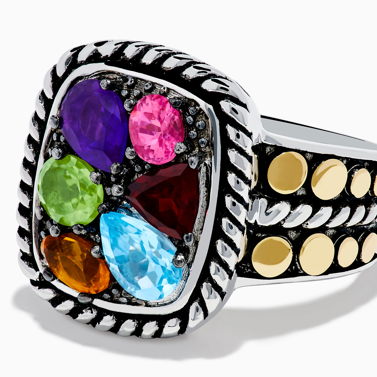 The Mosaic 925 Sterling Silver and 18K Yellow Gold Multi Color Ring features a rectangular face with five colorful gemstones, a textured rope border, and gold-toned circle accents for a bold, striking design.
