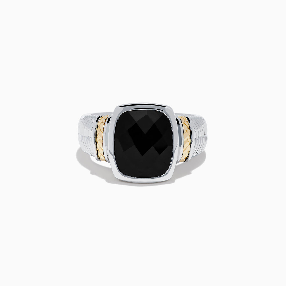 The 925 Sterling Silver and 14K Yellow Gold Onyx Ring showcases a large square-cut black onyx centerpiece, accented with yellow gold details on both sides of the band, displayed against a plain white background.