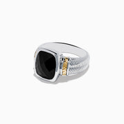 The 925 Sterling Silver and 14K Yellow Gold Onyx Ring showcases a large square-cut black onyx centerpiece, accented with yellow gold details on both sides of the band, displayed against a plain white background.