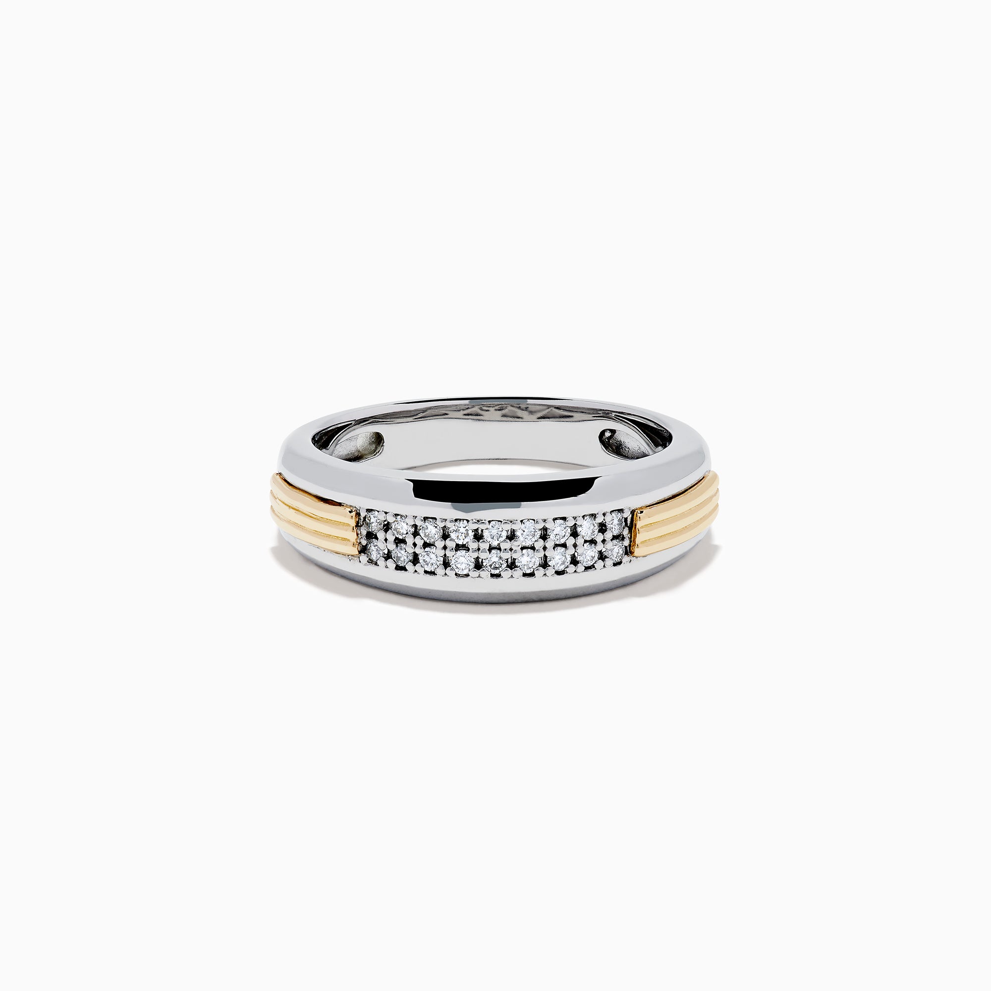 The Men's 925 Sterling Silver 14K Yellow Gold Diamond Band features a polished silver band with rows of small center-set diamonds and 14K yellow gold accents on the sides.