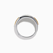 The Men's 925 Sterling Silver 14K Yellow Gold Diamond Band features a polished silver band with rows of small center-set diamonds and 14K yellow gold accents on the sides.