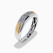 The Men's 925 Sterling Silver 14K Yellow Gold Diamond Band features a polished silver band with rows of small center-set diamonds and 14K yellow gold accents on the sides.