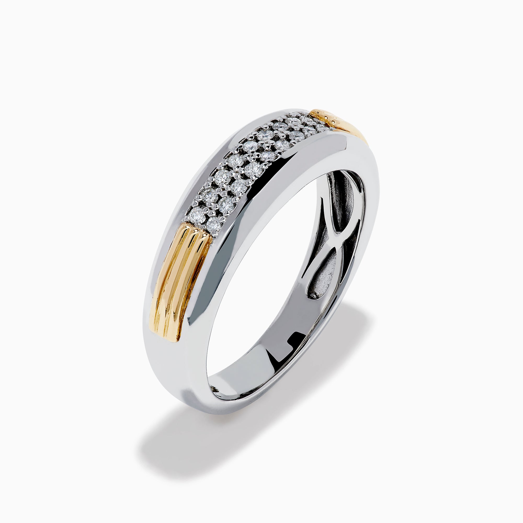 The Men's 925 Sterling Silver 14K Yellow Gold Diamond Band features a polished silver band with rows of small center-set diamonds and 14K yellow gold accents on the sides.