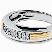 The Men's 925 Sterling Silver 14K Yellow Gold Diamond Band features a polished silver band with rows of small center-set diamonds and 14K yellow gold accents on the sides.