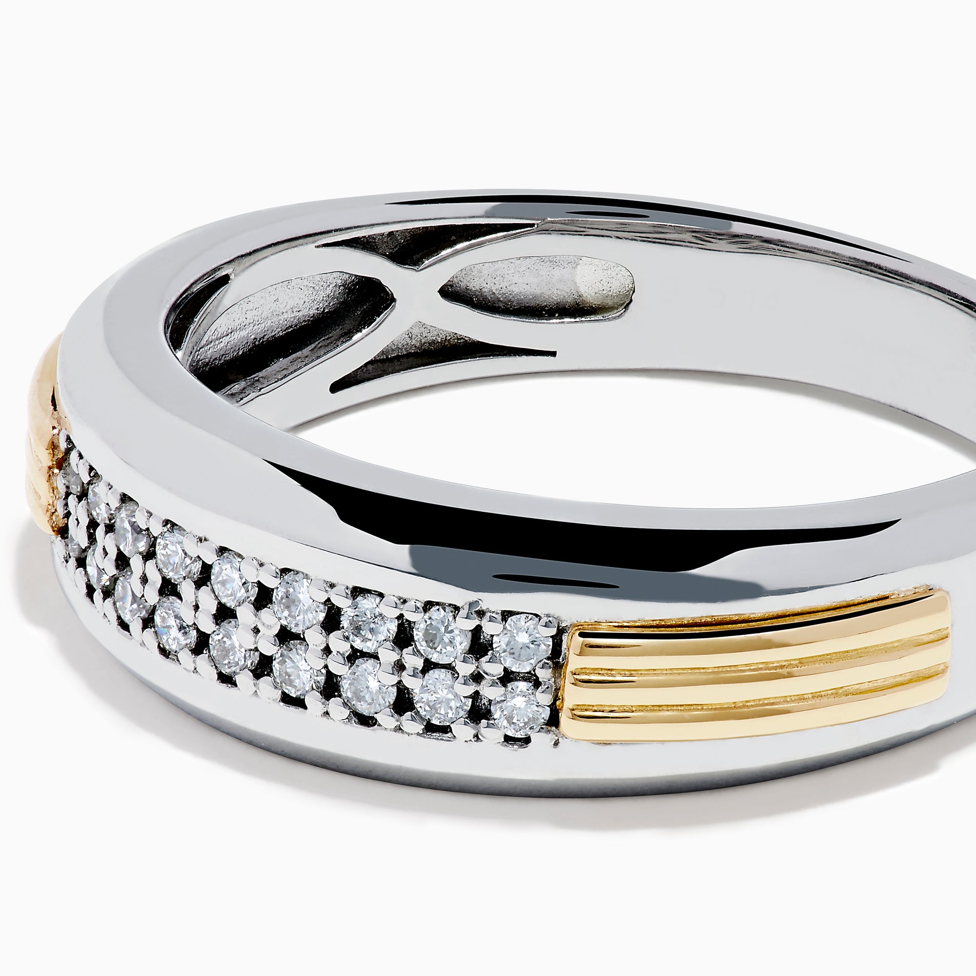 The Men's 925 Sterling Silver 14K Yellow Gold Diamond Band features a polished silver band with rows of small center-set diamonds and 14K yellow gold accents on the sides.
