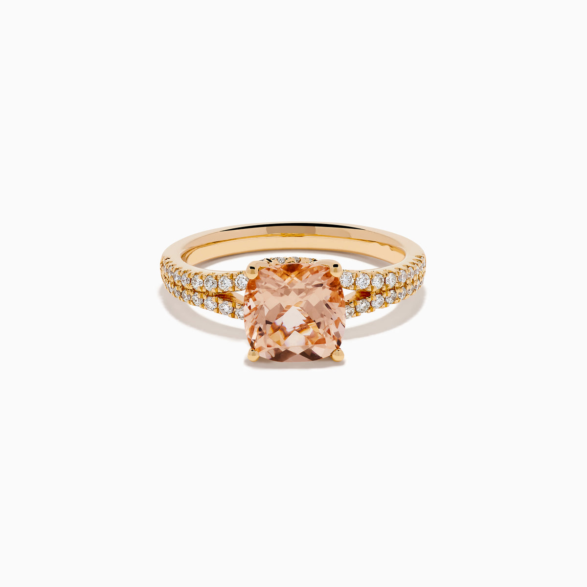 The 18K Rose Gold Morganite and Diamond Split Band Solitaire Ring showcases a large cushion-cut peach morganite center stone, accented by two rows of sparkling white diamonds along the elegant split shank.
