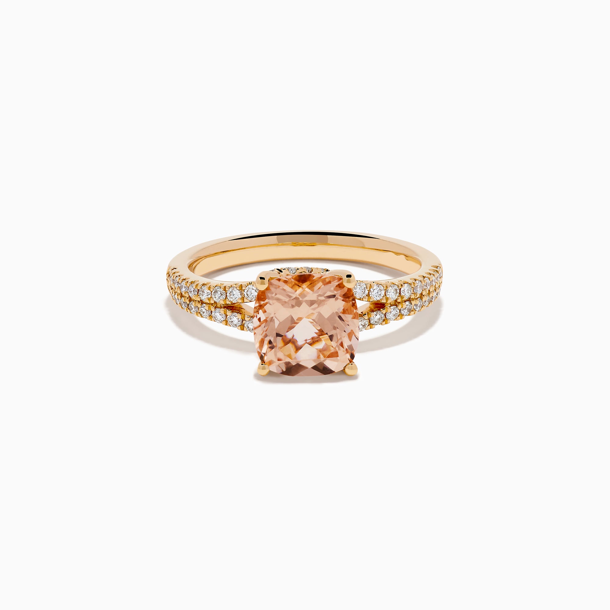 The 18K Rose Gold Morganite and Diamond Split Band Solitaire Ring showcases a large cushion-cut peach morganite center stone, accented by two rows of sparkling white diamonds along the elegant split shank.
