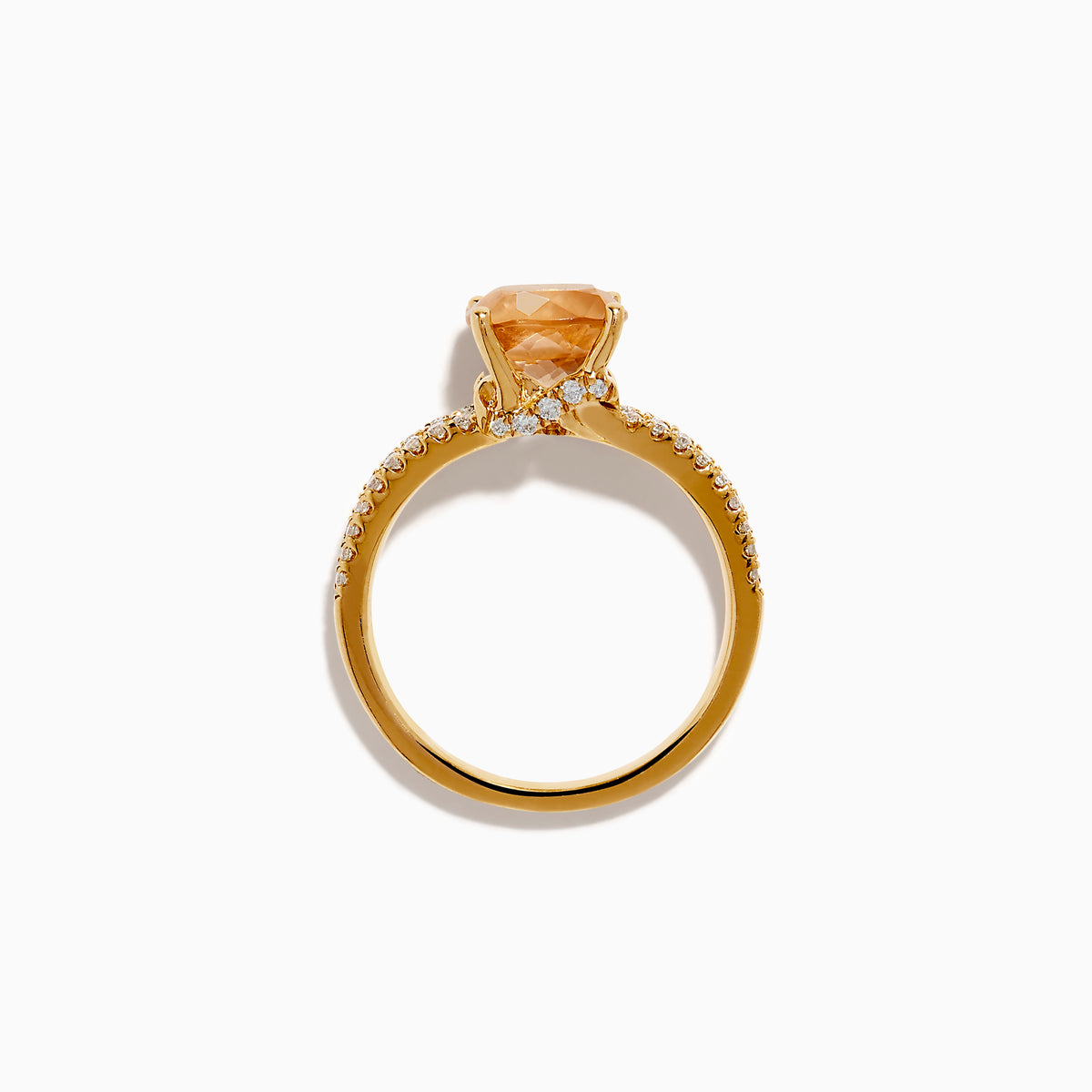 The 18K Rose Gold Morganite and Diamond Split Band Solitaire Ring showcases a large cushion-cut peach morganite center stone, accented by two rows of sparkling white diamonds along the elegant split shank.