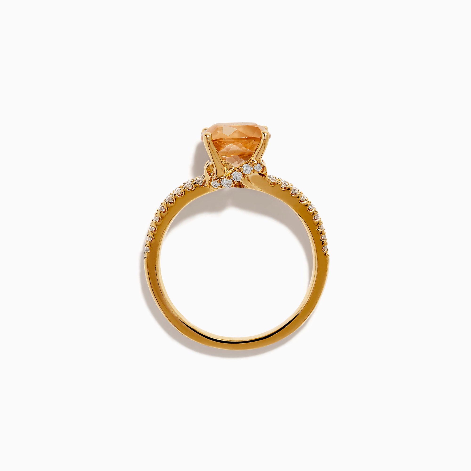 The 18K Rose Gold Morganite and Diamond Split Band Solitaire Ring showcases a large cushion-cut peach morganite center stone, accented by two rows of sparkling white diamonds along the elegant split shank.
