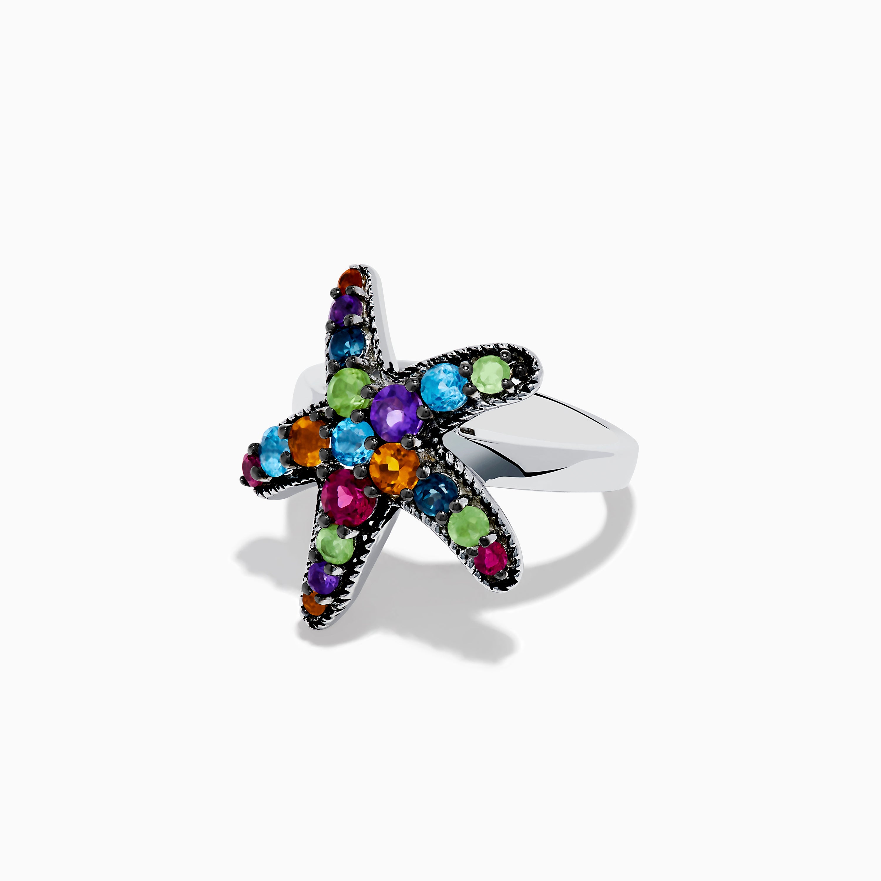 925 Sterling Silver Multi Color Gemstone Starfish Ring