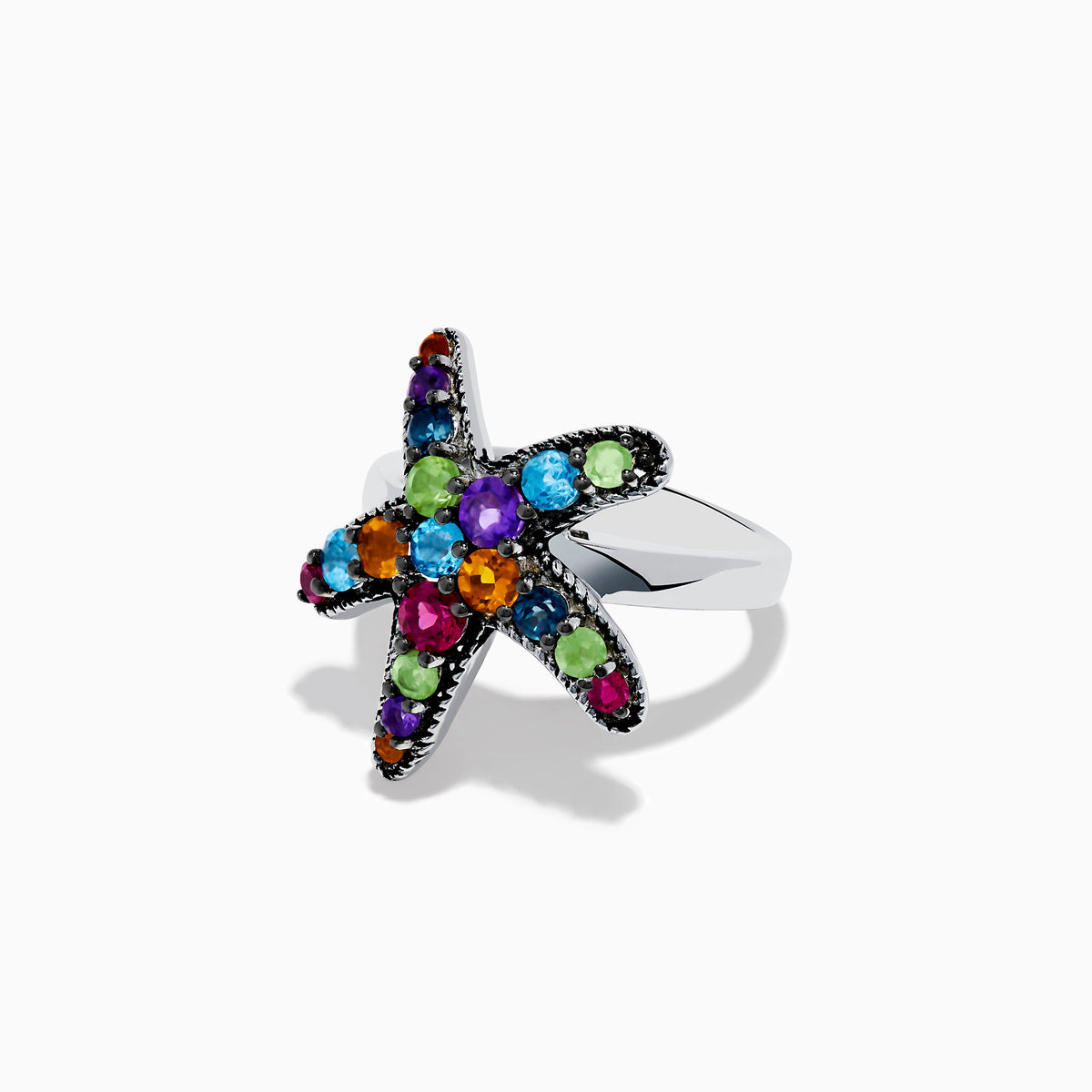 The 925 Sterling Silver Multi Color Gemstone Starfish Ring features a bold starfish design set with blue, green, purple, red, and orange gemstones against a white background.