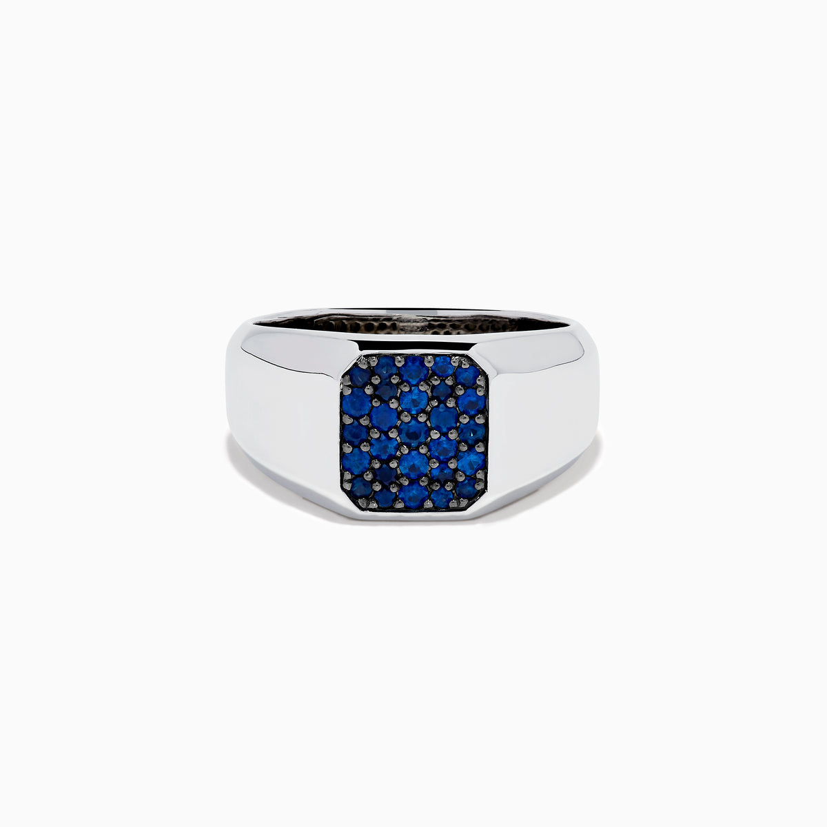 The Men's 925 Sterling Silver Blue Sapphire Signet-style Ring features a rectangular face adorned with small round blue sapphires in a grid pattern, shown on a white background.