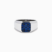 The Men's 925 Sterling Silver Blue Sapphire Signet-style Ring features a rectangular face adorned with small round blue sapphires in a grid pattern, shown on a white background.