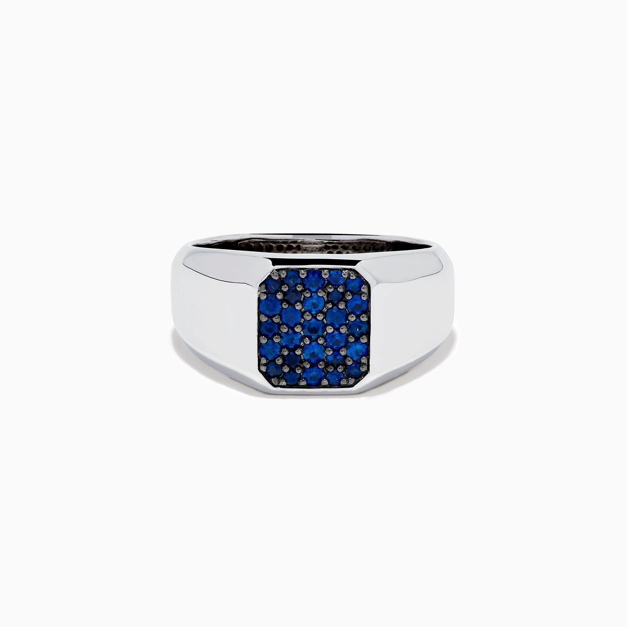 The Men's 925 Sterling Silver Blue Sapphire Signet-style Ring features a rectangular face adorned with small round blue sapphires in a grid pattern, shown on a white background.