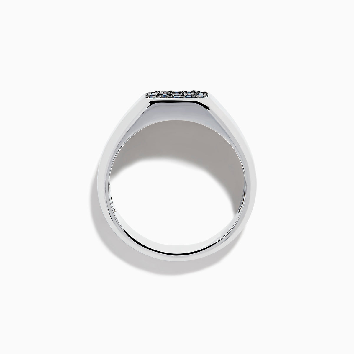 The Men's 925 Sterling Silver Blue Sapphire Signet-style Ring features a rectangular face adorned with small round blue sapphires in a grid pattern, shown on a white background.