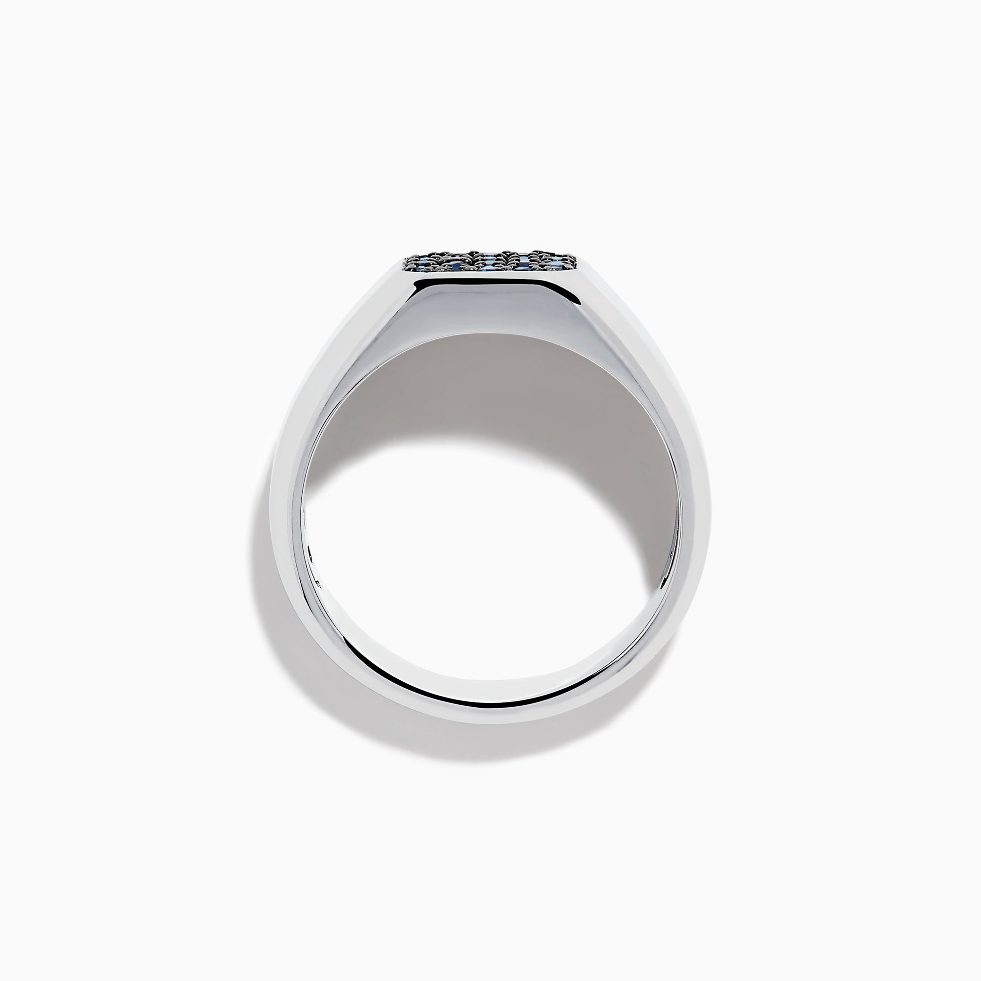 The Men's 925 Sterling Silver Blue Sapphire Signet-style Ring features a rectangular face adorned with small round blue sapphires in a grid pattern, shown on a white background.