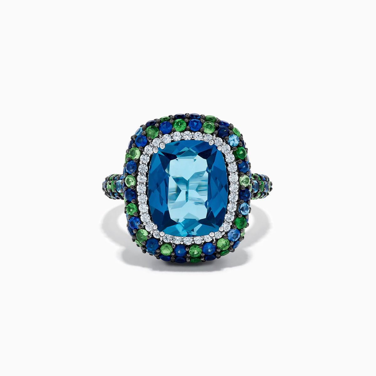 The 925 Sterling Silver Blue Topaz Cushion Multi Gemstone Halo Ring features a large rectangular blue topaz center, encircled by a halo of small white, green, and blue stones.
