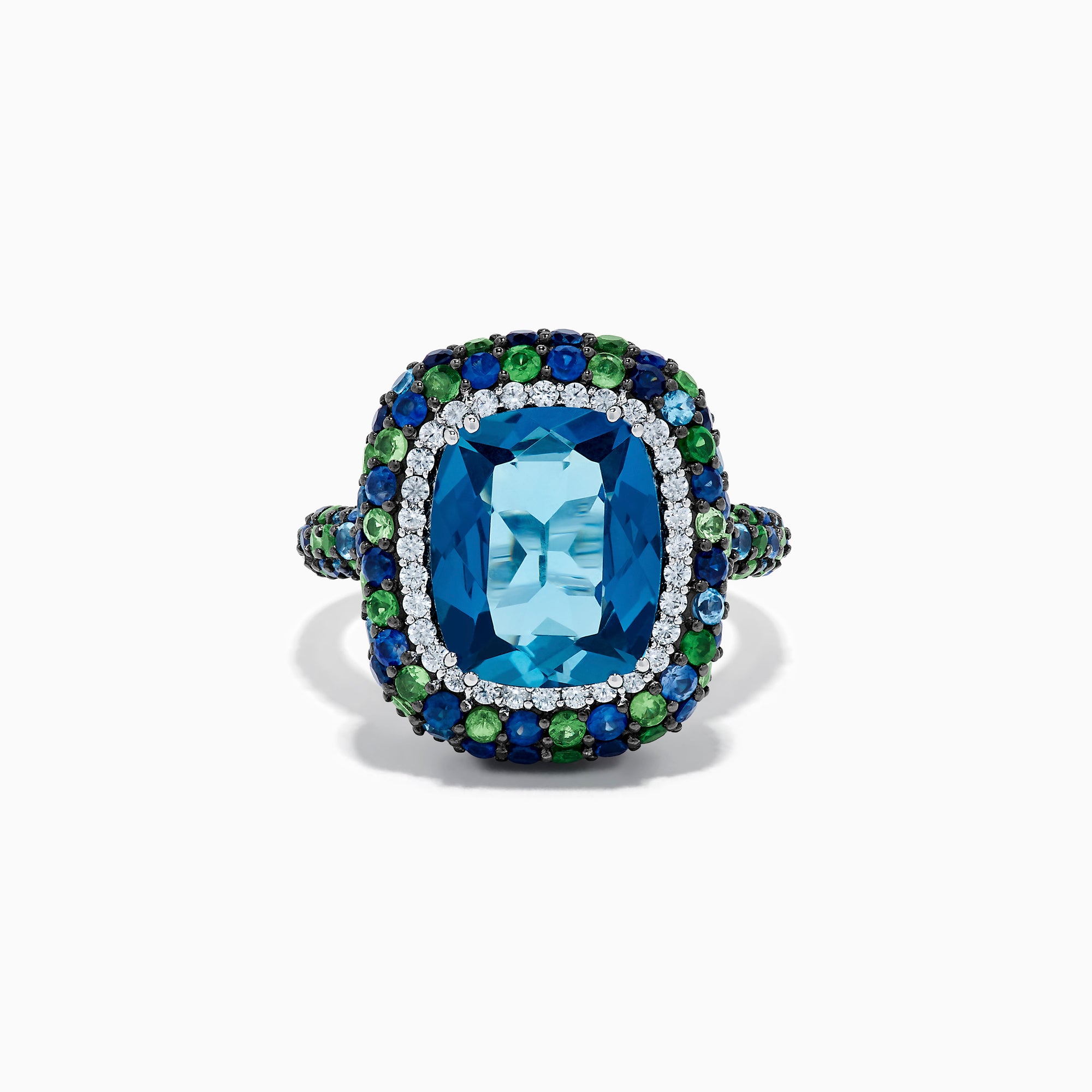 The 925 Sterling Silver Blue Topaz Cushion Multi Gemstone Halo Ring features a large rectangular blue topaz center, encircled by a halo of small white, green, and blue stones.