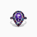 The 925 Sterling Silver Amethyst Pear Multi Gemstone Halo Ring features a pear-shaped amethyst surrounded by a pavé band with blue, pink, and red stones, creating a vibrant halo effect around the center gem.