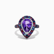 The 925 Sterling Silver Amethyst Pear Multi Gemstone Halo Ring features a pear-shaped amethyst surrounded by a pavé band with blue, pink, and red stones, creating a vibrant halo effect around the center gem.