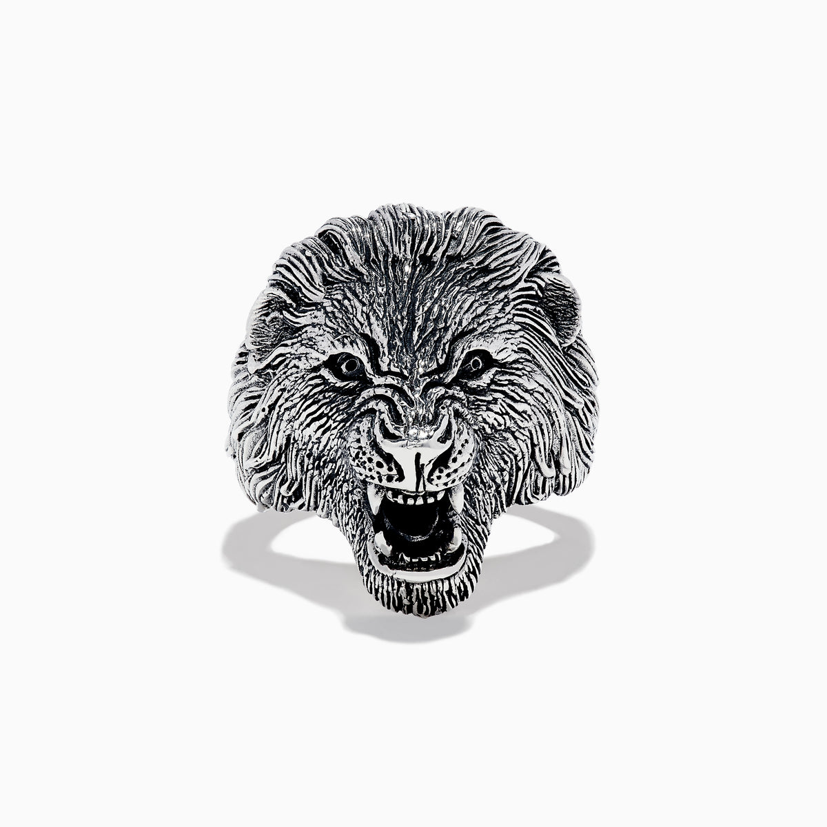 The Mens 925 Sterling Silver Lion Ring features a detailed, roaring lions head design and is displayed against a plain white background.