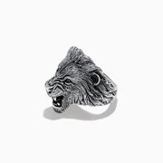 The Mens 925 Sterling Silver Lion Ring features a detailed, roaring lions head design and is displayed against a plain white background.