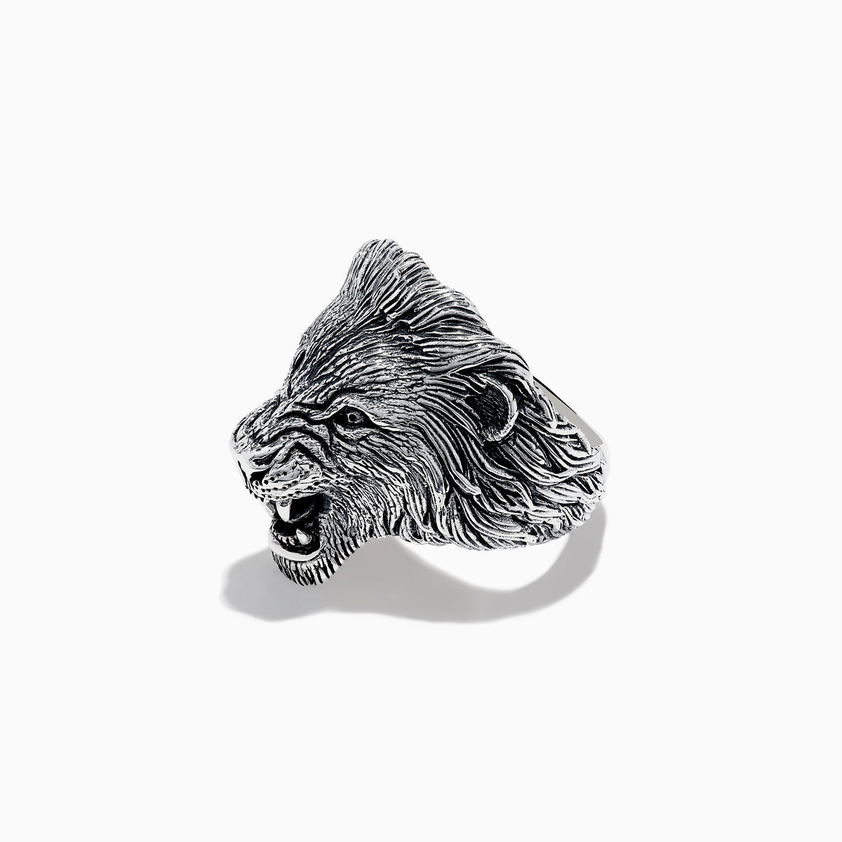 The Mens 925 Sterling Silver Lion Ring features a detailed, roaring lions head design and is displayed against a plain white background.