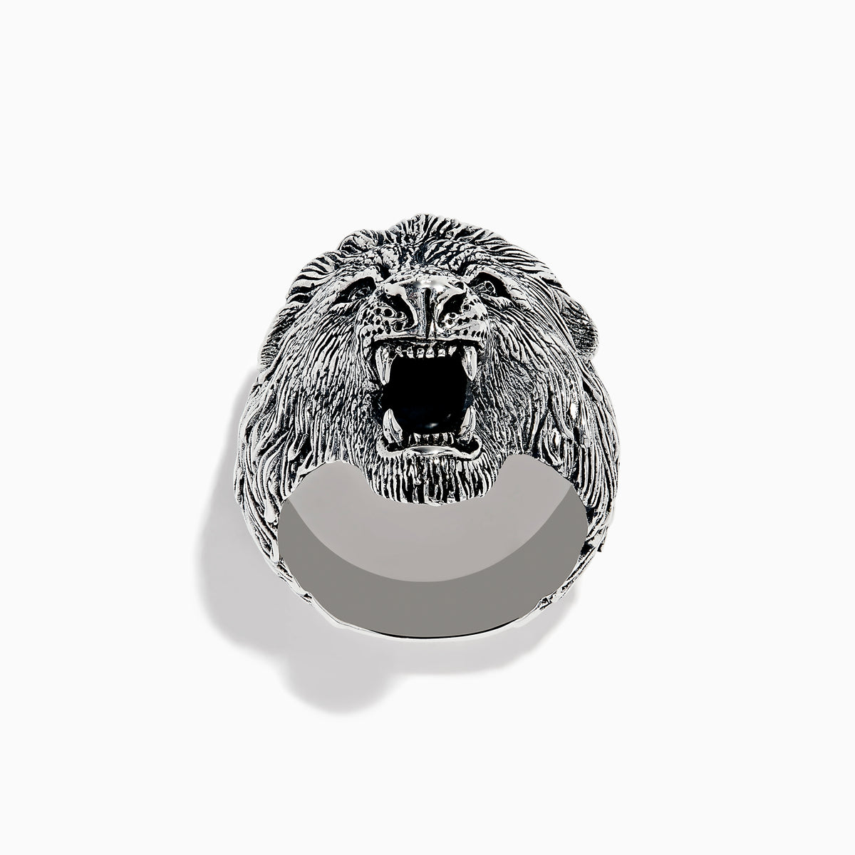 The Mens 925 Sterling Silver Lion Ring features a detailed, roaring lions head design and is displayed against a plain white background.