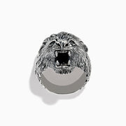 The Mens 925 Sterling Silver Lion Ring features a detailed, roaring lions head design and is displayed against a plain white background.