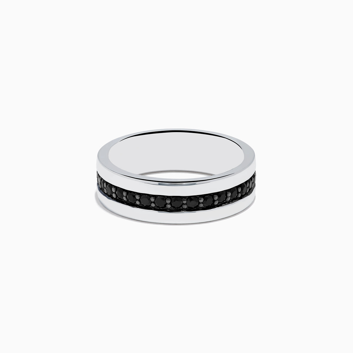 The Mens 925 Sterling Silver Black Sapphire Ring features a central row of small, round black sapphire stones and is displayed against a plain white background.