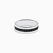 The Mens 925 Sterling Silver Black Sapphire Ring features a central row of small, round black sapphire stones and is displayed against a plain white background.