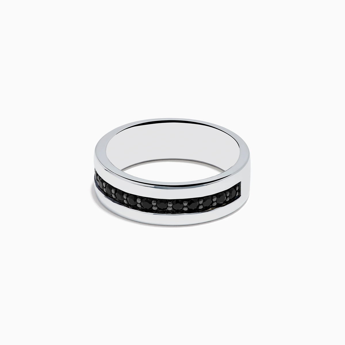 The Mens 925 Sterling Silver Black Sapphire Ring features a central row of small, round black sapphire stones and is displayed against a plain white background.