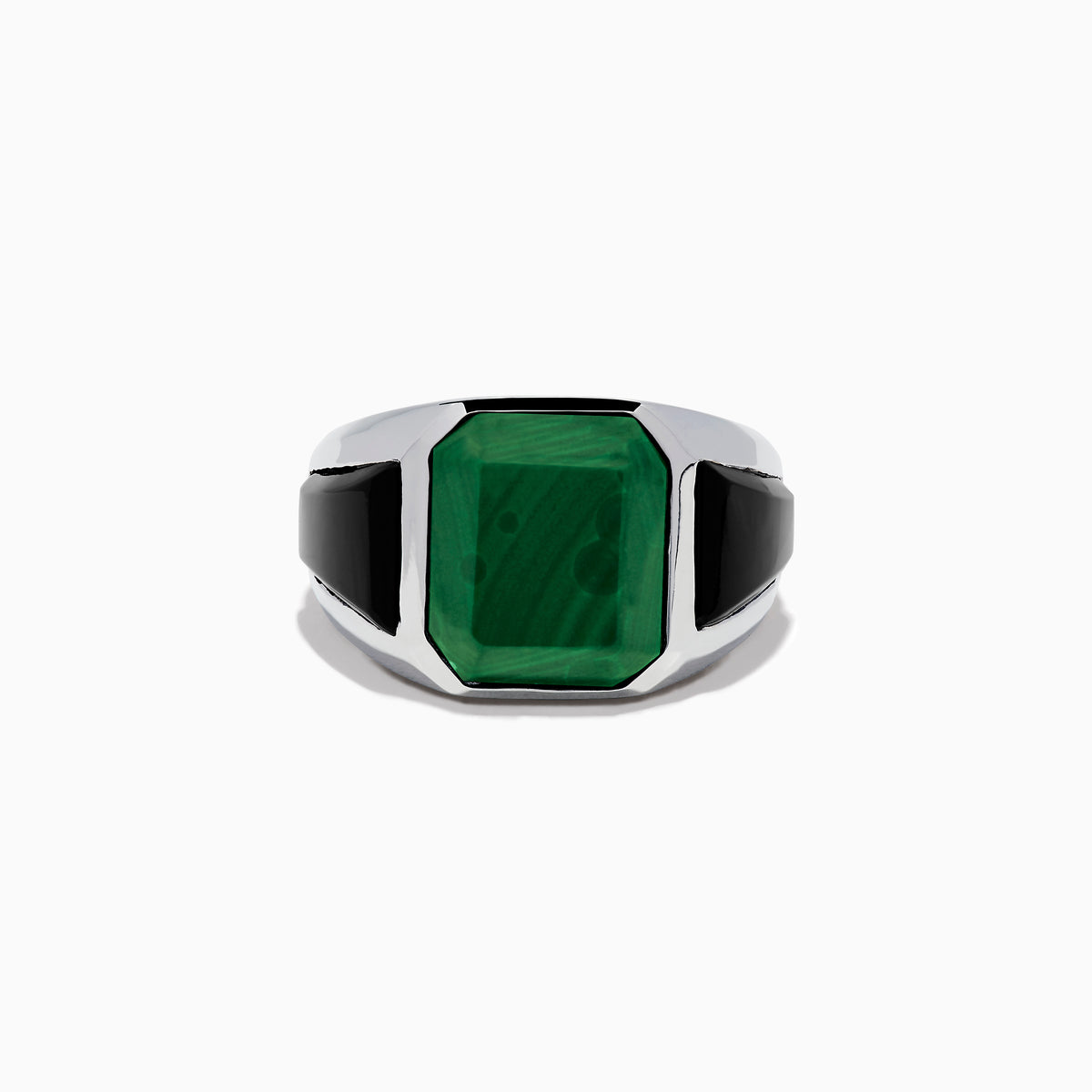 Mens 925 Sterling Silver Malachite and Onyx Ring showcases a large rectangular malachite center, accented by black onyx on both sides.