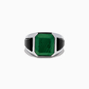 Mens 925 Sterling Silver Malachite and Onyx Ring showcases a large rectangular malachite center, accented by black onyx on both sides.