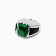 Mens 925 Sterling Silver Malachite and Onyx Ring showcases a large rectangular malachite center, accented by black onyx on both sides.