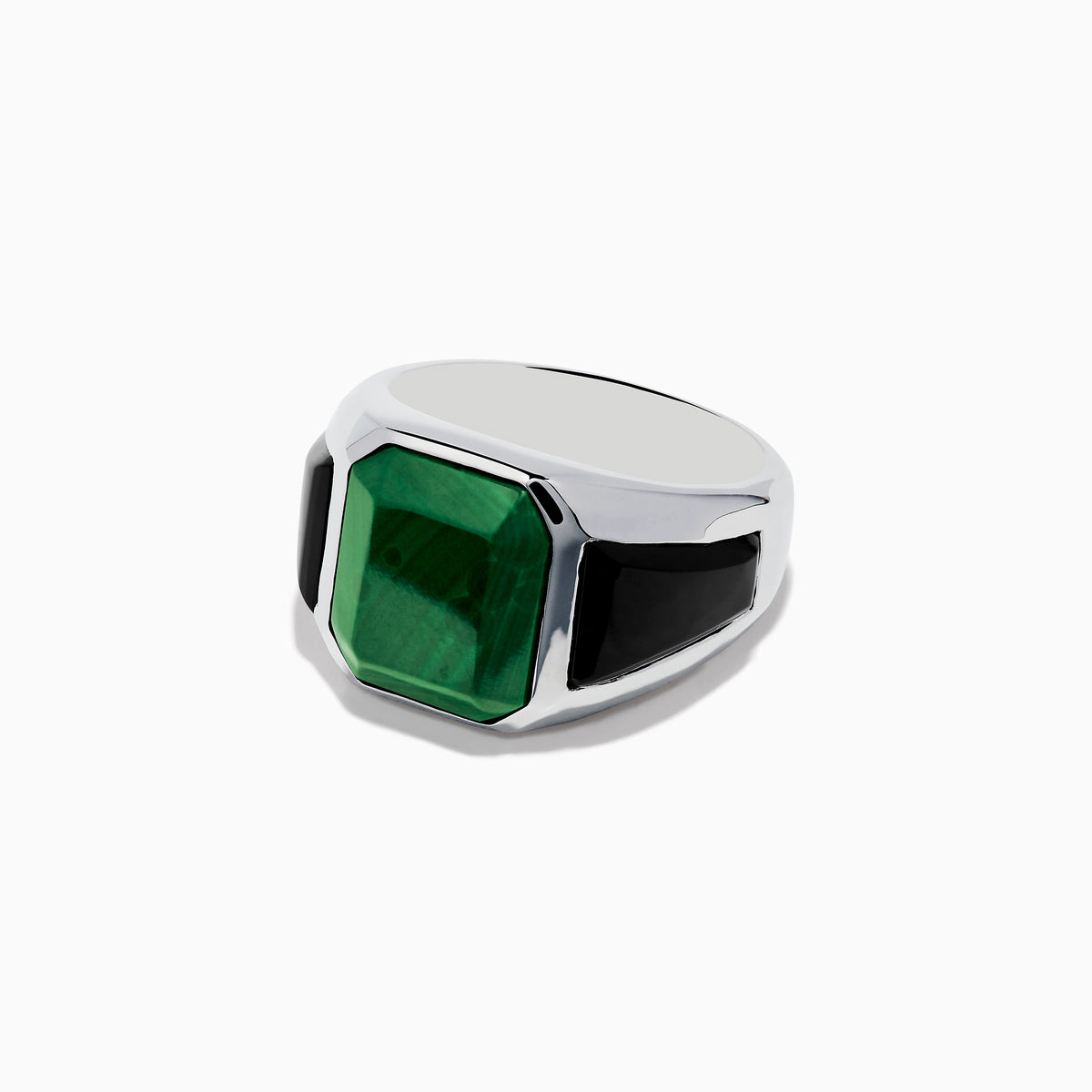Mens 925 Sterling Silver Malachite and Onyx Ring showcases a large rectangular malachite center, accented by black onyx on both sides.